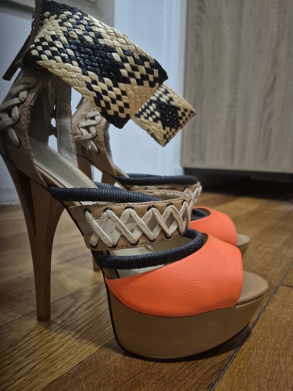 GX by Gwen Stefani Neon Orange and Tan Braided Platform Heels